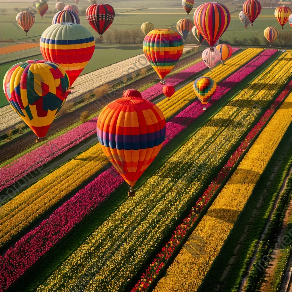 Hot air balloons above colorful tulip fields in full bloom - Image 4