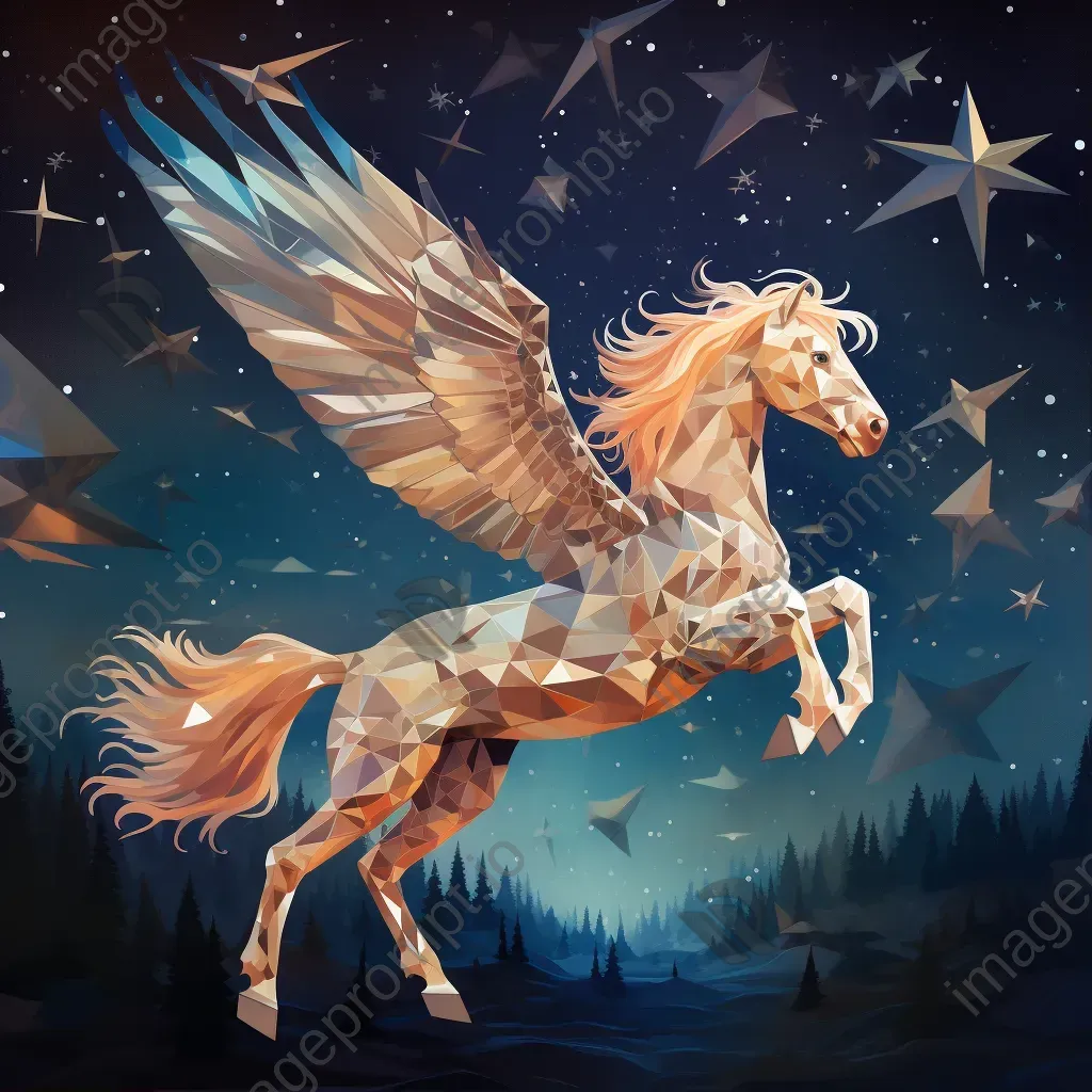 Low poly Greek mythical Pegasus flying through a star-dusted sky - Image 1