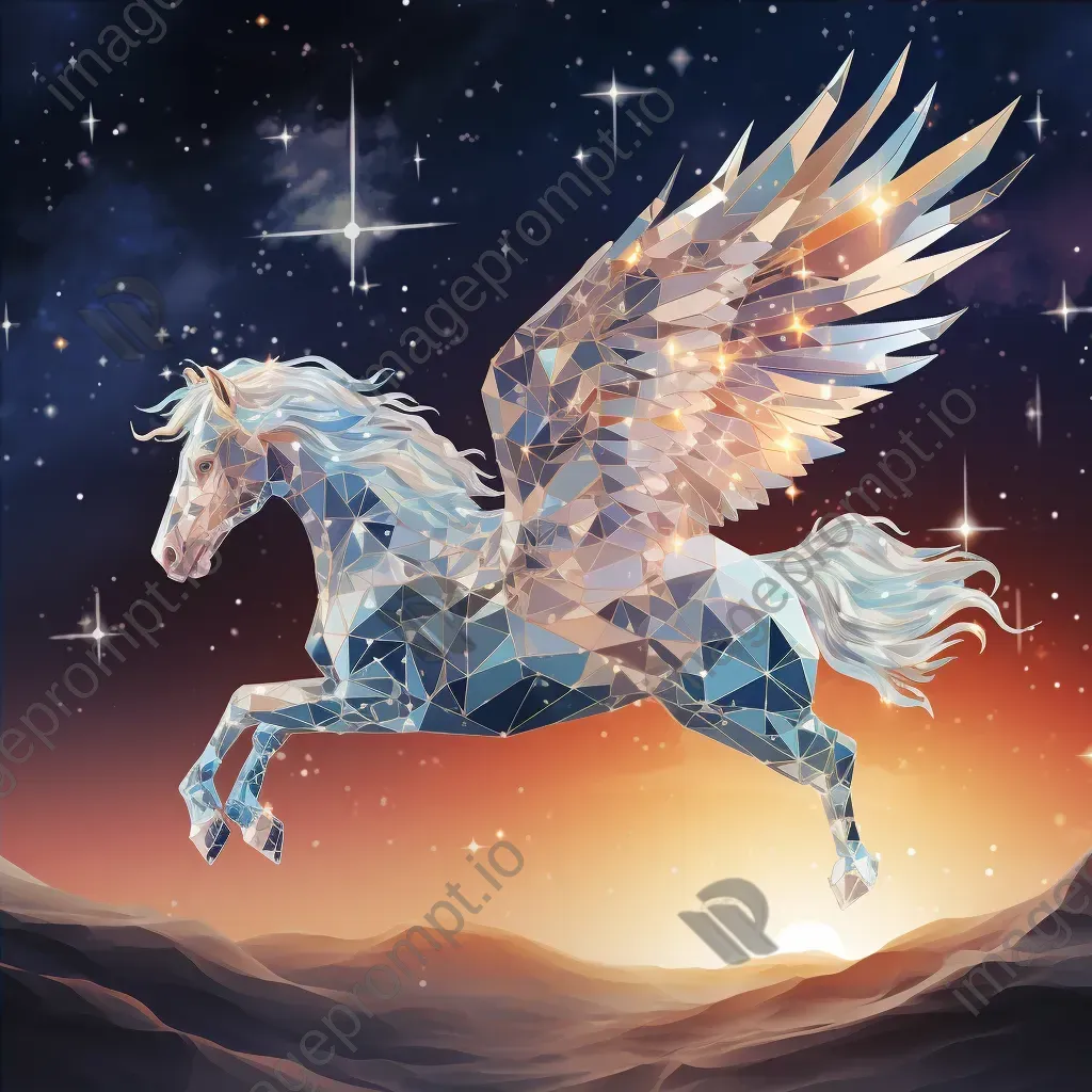 Low poly Greek mythical Pegasus flying through a star-dusted sky - Image 4