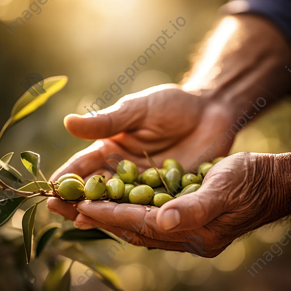 Close-up of hands picking ripe olives from a tree under golden sunlight. - Image 1