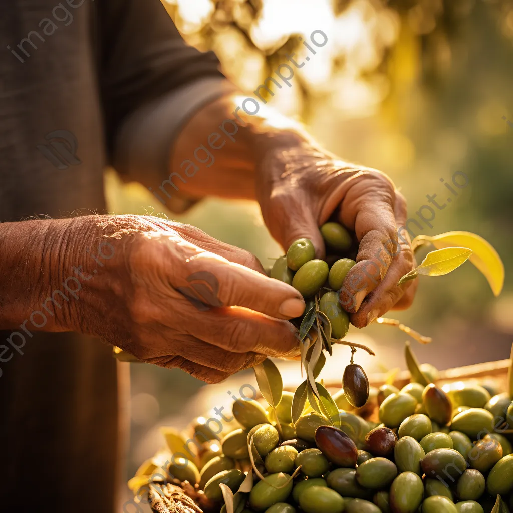 Close-up of hands picking ripe olives from a tree under golden sunlight. - Image 2