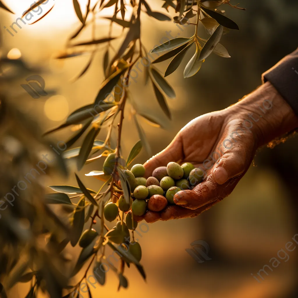 Close-up of hands picking ripe olives from a tree under golden sunlight. - Image 3