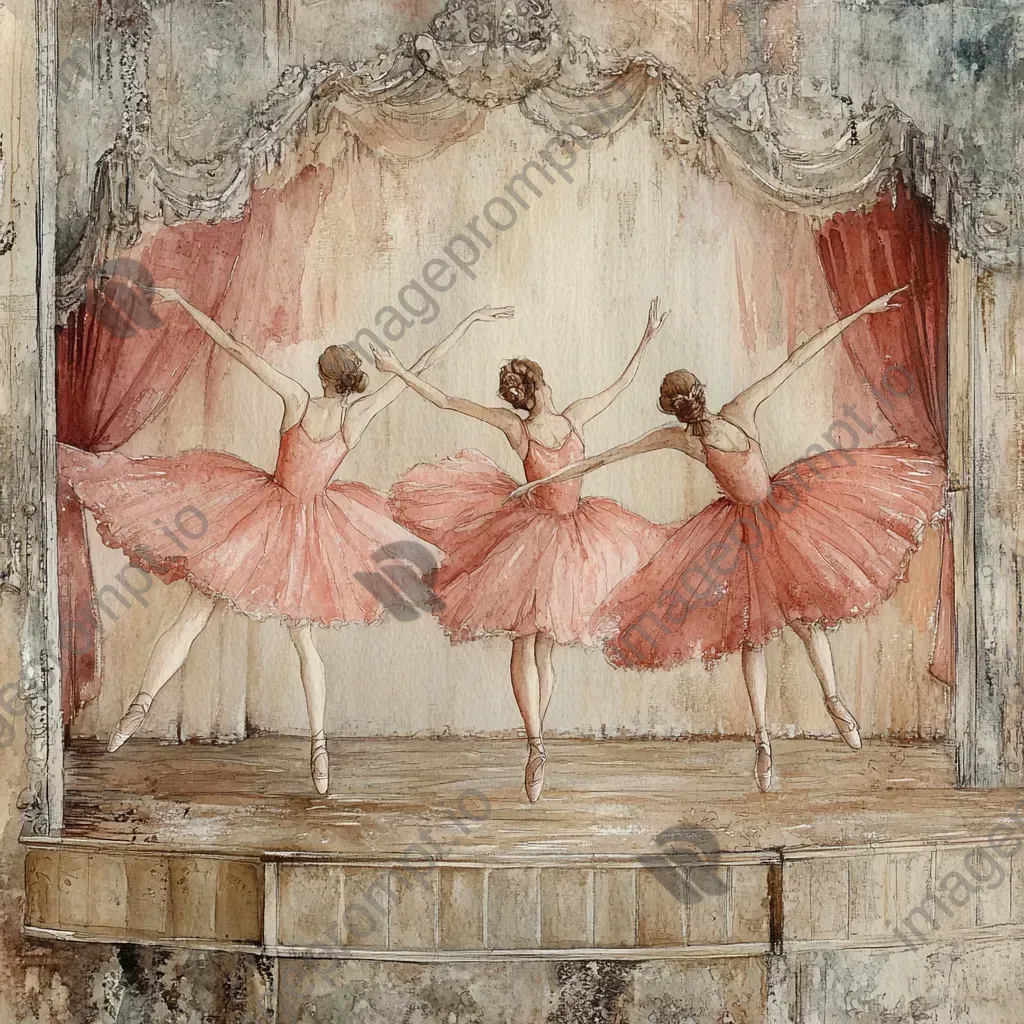 Watercolor painting of graceful ballerinas on a vintage theater stage - Image 1