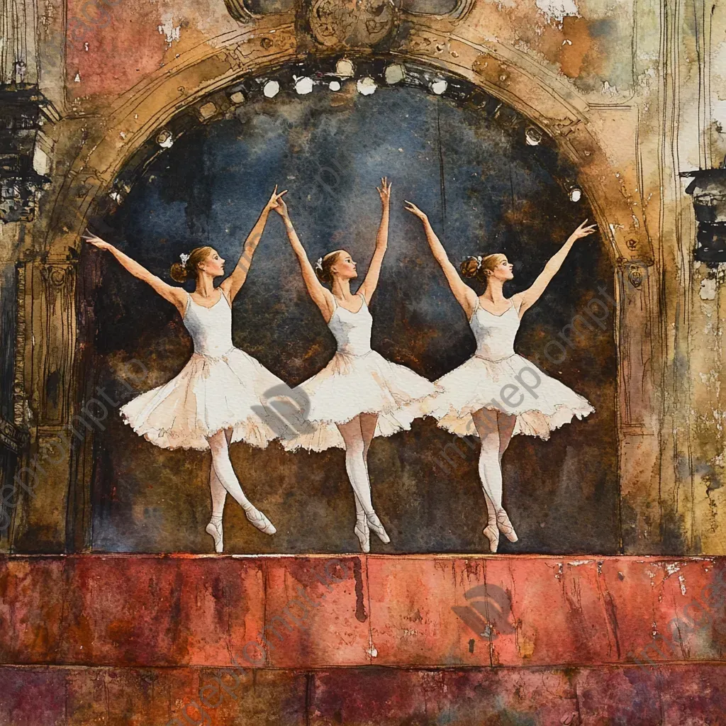 Watercolor painting of graceful ballerinas on a vintage theater stage - Image 2