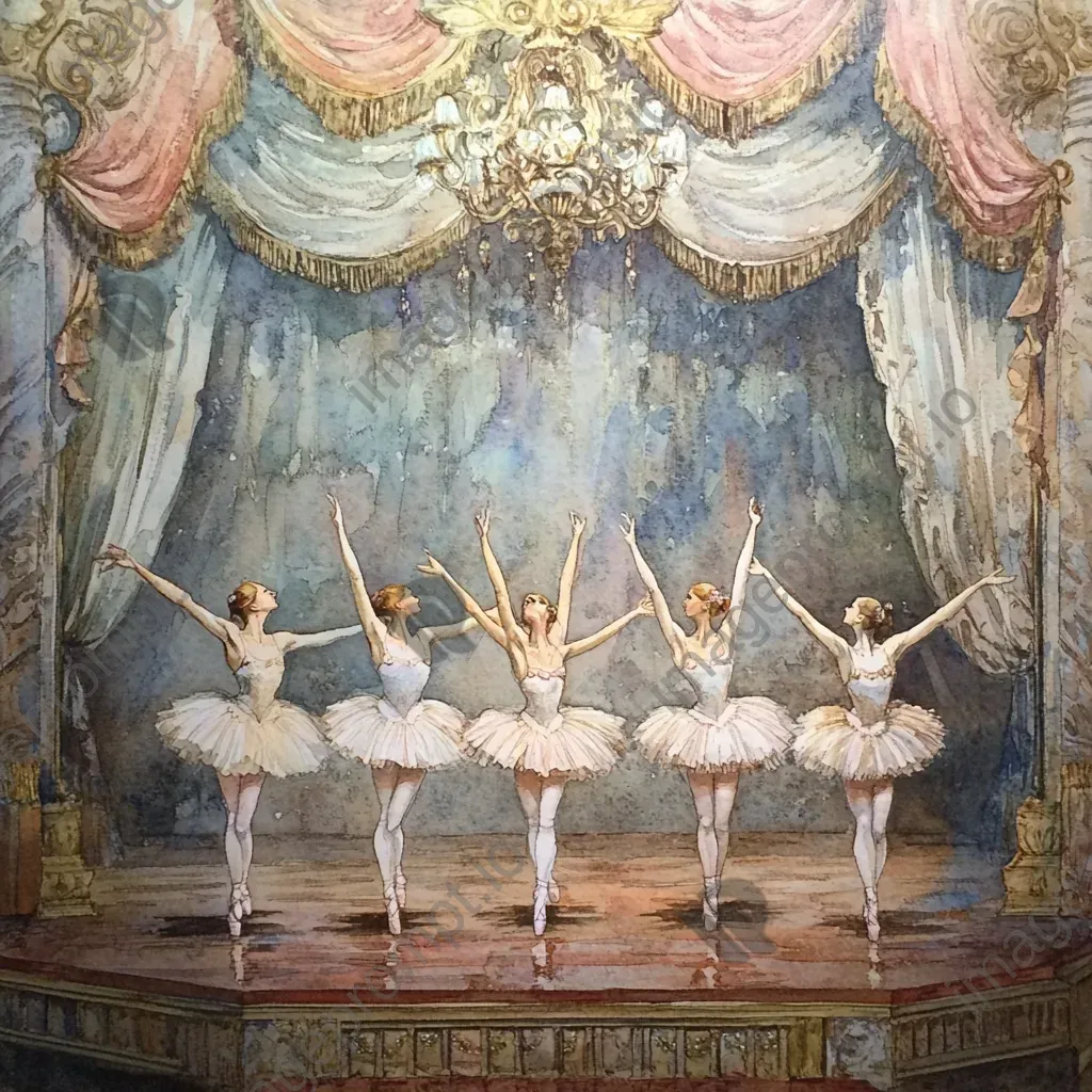 Watercolor painting of graceful ballerinas on a vintage theater stage - Image 3