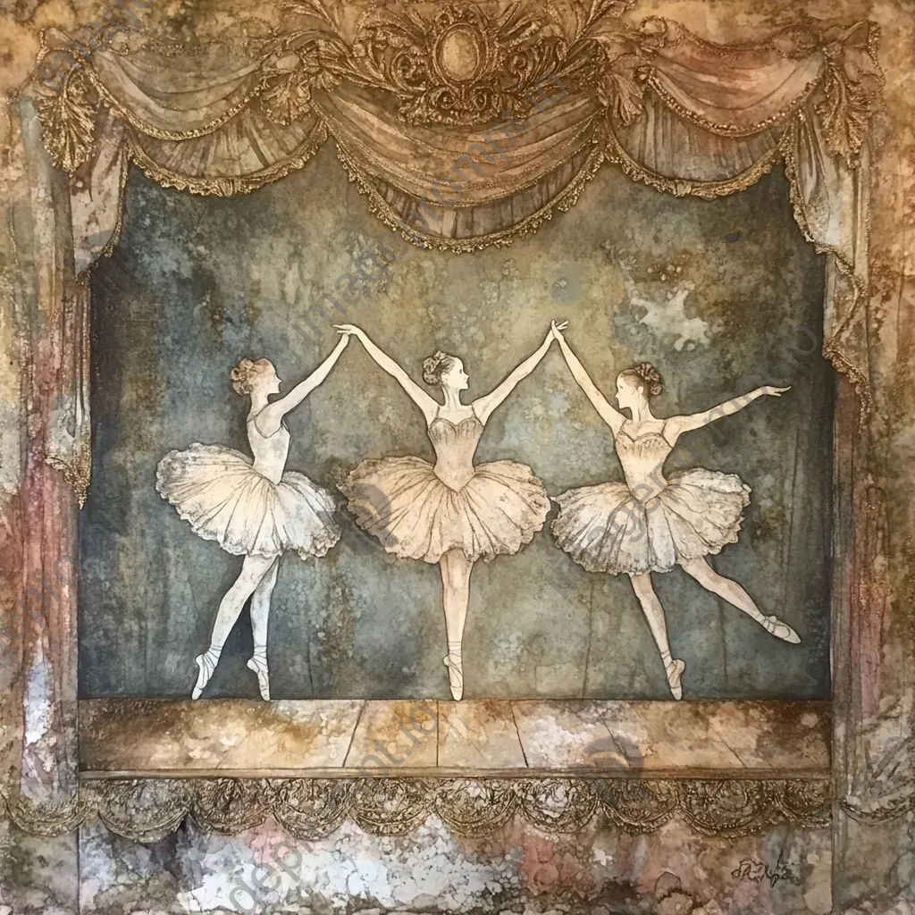 Watercolor painting of graceful ballerinas on a vintage theater stage - Image 4