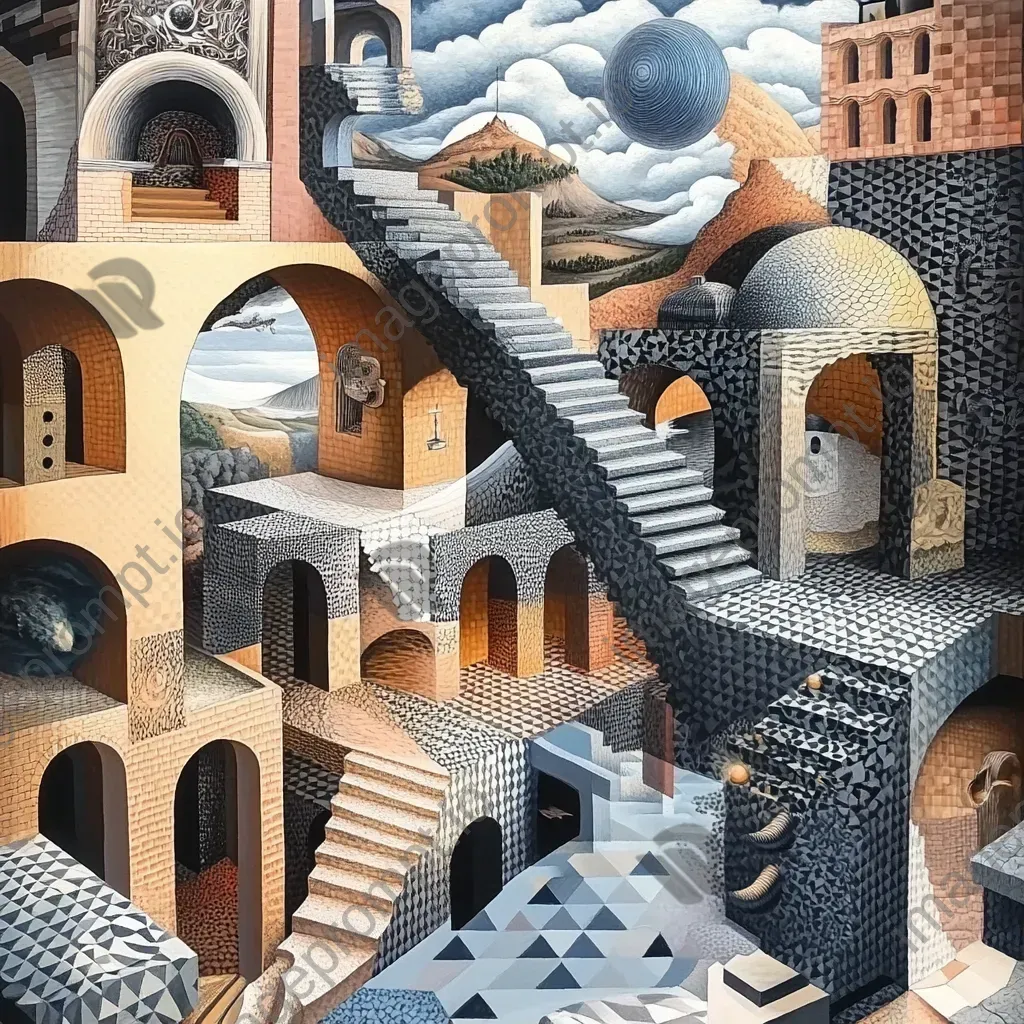 Complex and recurring patterns in a fantastical landscape inspired by Escher