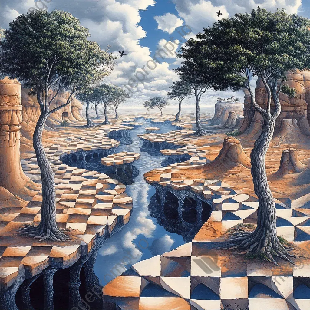 Complex and recurring patterns in a fantastical landscape inspired by Escher