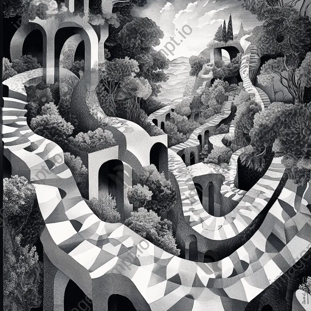 Complex and recurring patterns in a fantastical landscape inspired by Escher