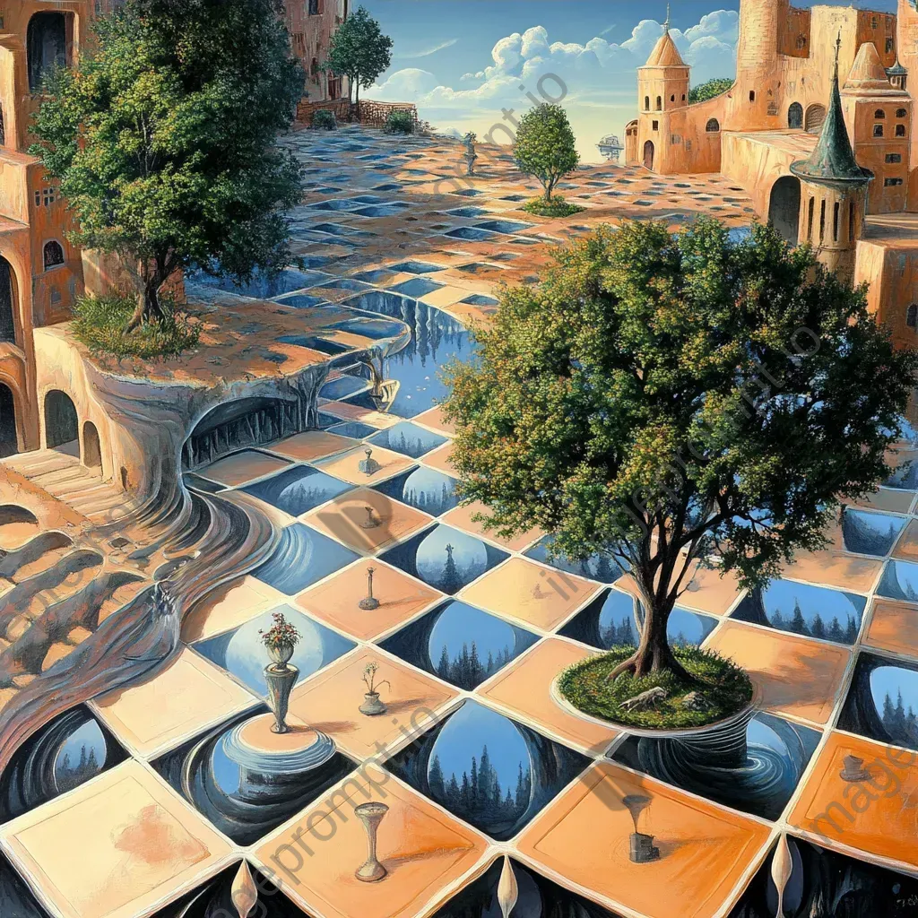 Complex and recurring patterns in a fantastical landscape inspired by Escher