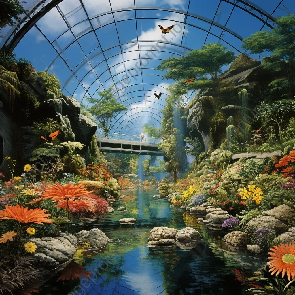 Vibrant, surrealist painting of a thriving biodome filled with endangered flora and fauna - Image 1