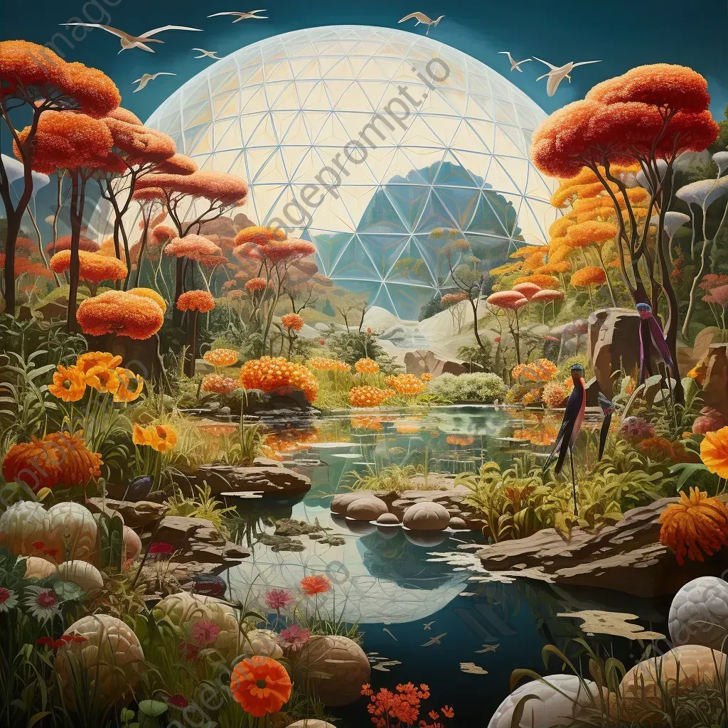 Vibrant, surrealist painting of a thriving biodome filled with endangered flora and fauna - Image 2