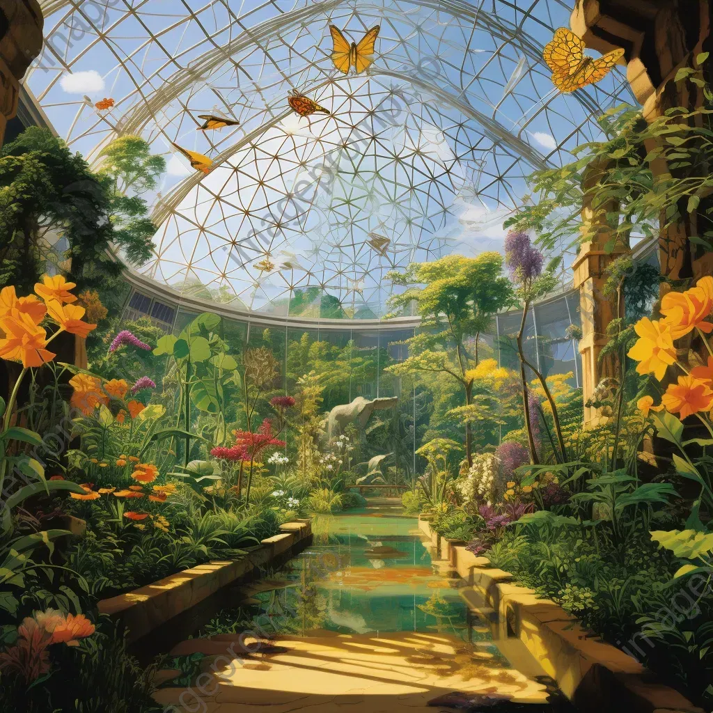 Vibrant, surrealist painting of a thriving biodome filled with endangered flora and fauna - Image 3