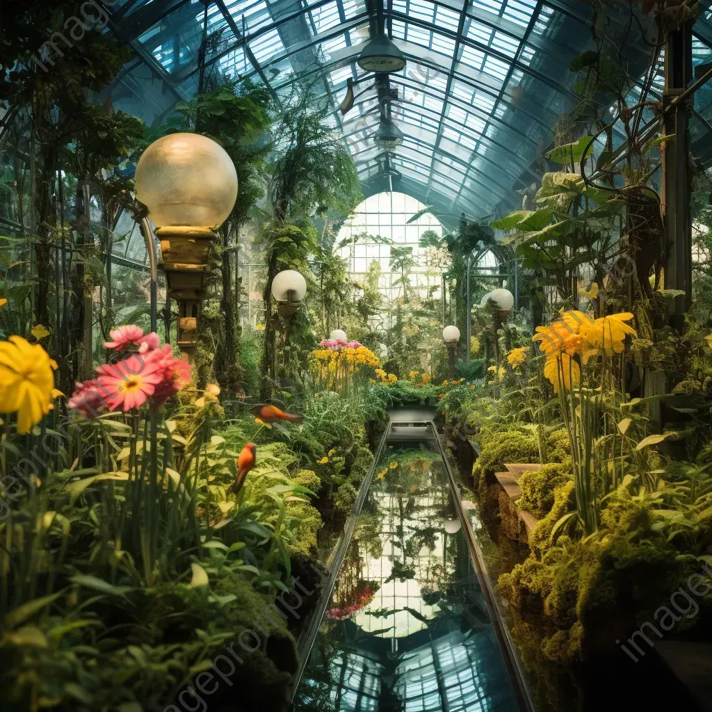 Vibrant, surrealist painting of a thriving biodome filled with endangered flora and fauna - Image 4