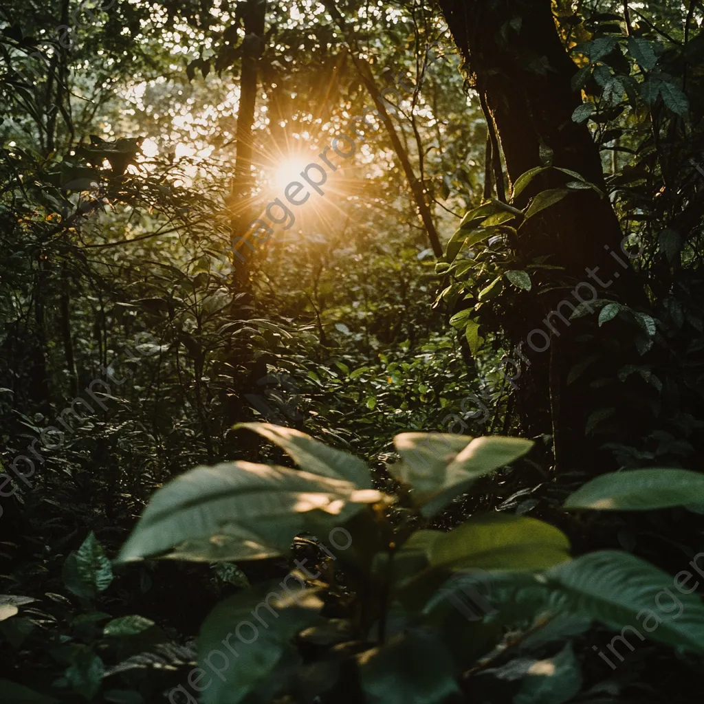 Sunlight filtering through tree leaves in a dense forest - Image 1