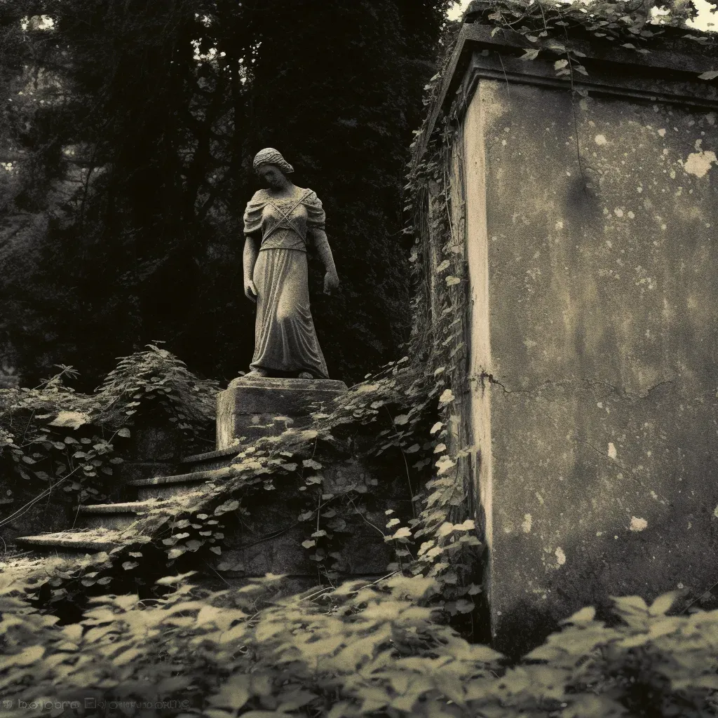 Lone, weathered statue in an empty, overgrown garden in an image generated by a prompt. - Image 4