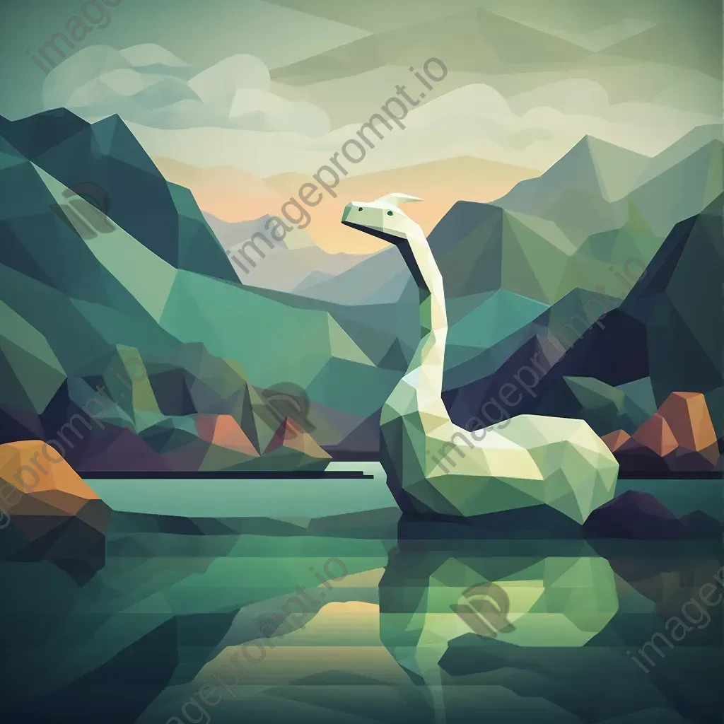 Low poly Loch Ness Monster gliding smoothly through the misty Scottish highlands - Image 1