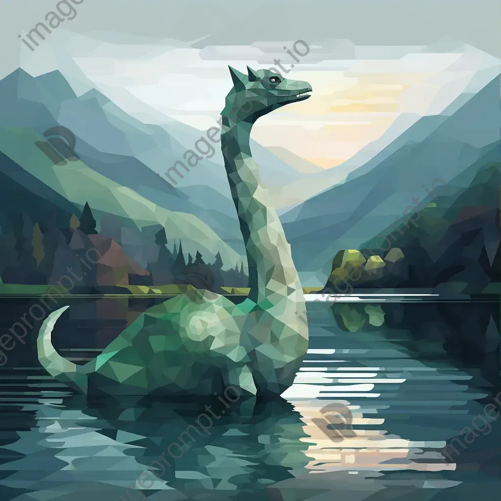 Low poly Loch Ness Monster gliding smoothly through the misty Scottish highlands - Image 3