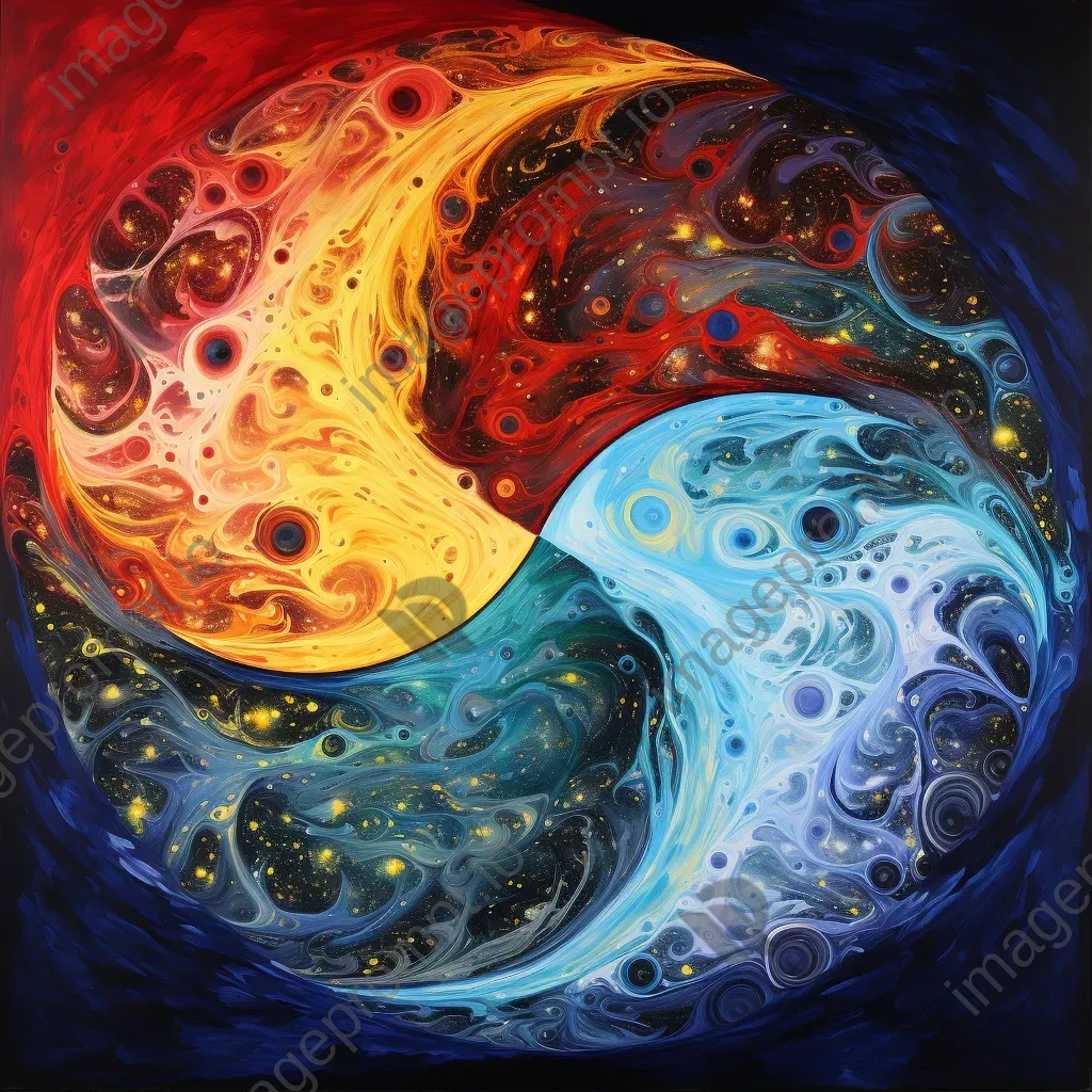 Acrylic pour art of a yin-yang symbol unfolding into a vibrant universe - Image 1