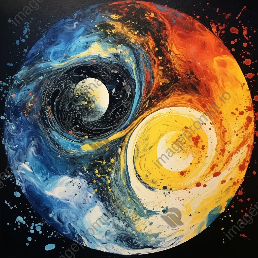 Acrylic pour art of a yin-yang symbol unfolding into a vibrant universe - Image 2