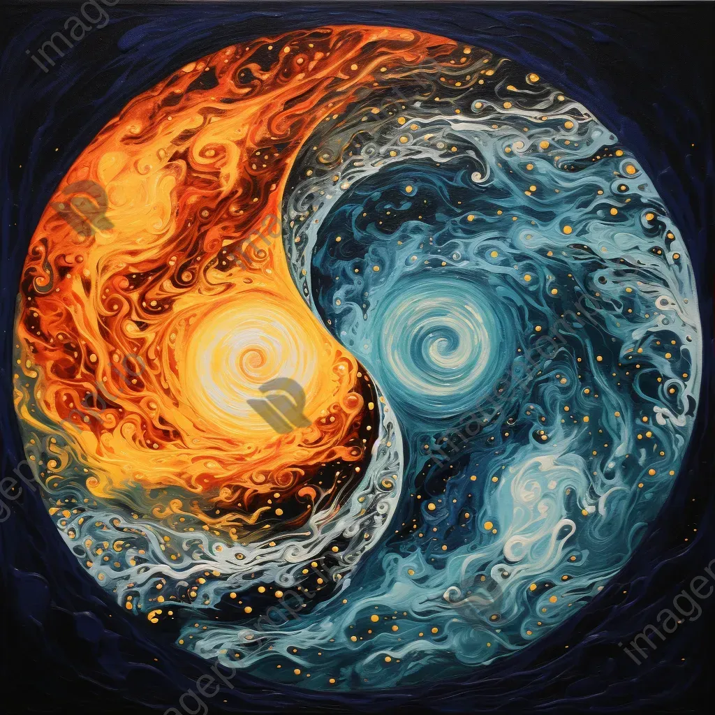 Acrylic pour art of a yin-yang symbol unfolding into a vibrant universe - Image 3