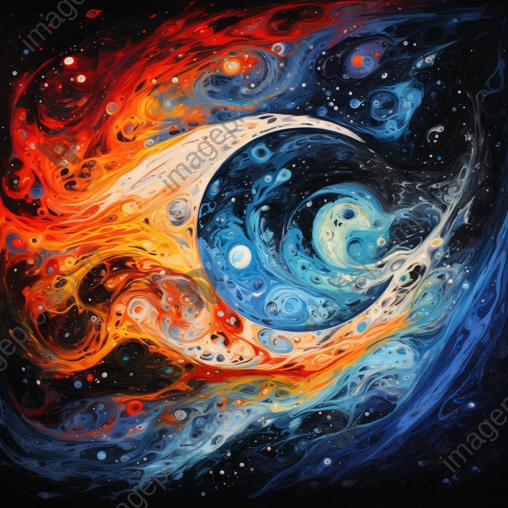 Acrylic pour art of a yin-yang symbol unfolding into a vibrant universe - Image 4