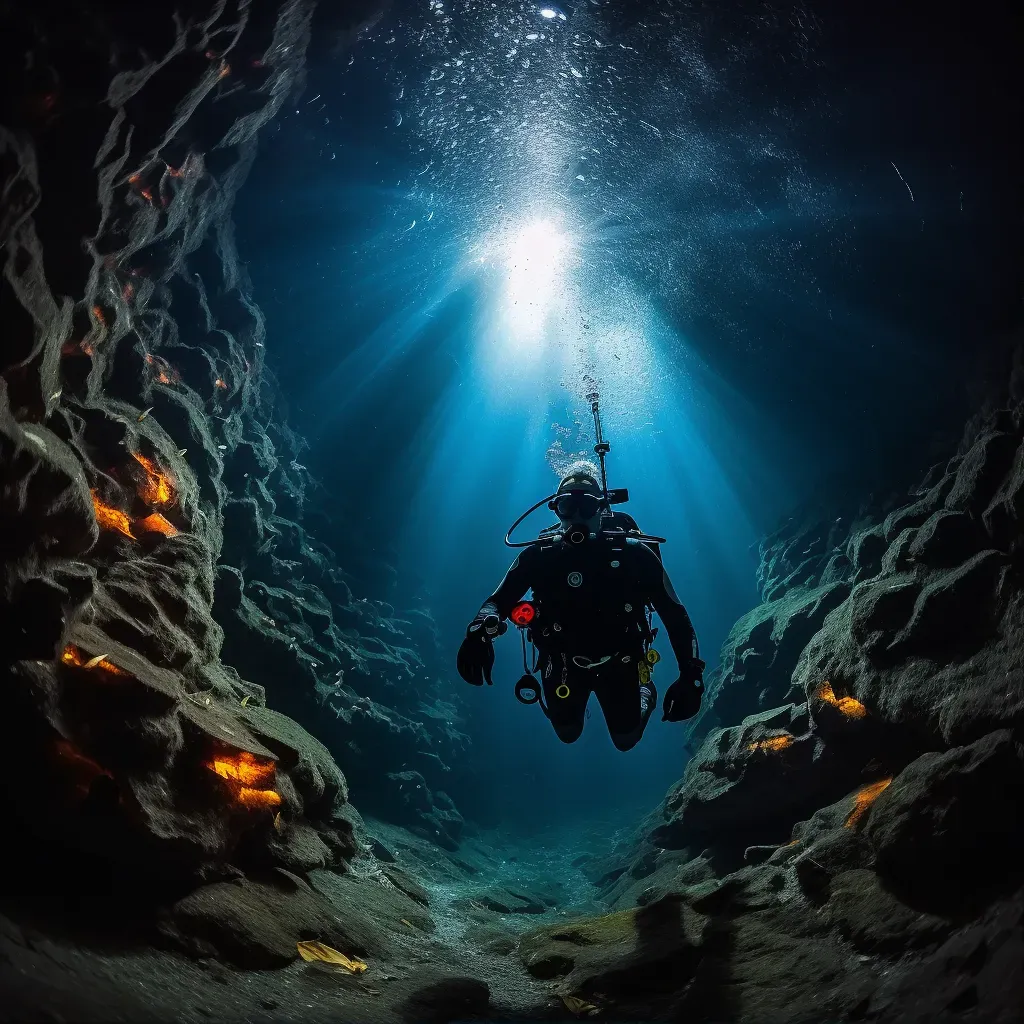 Diver Exploring Underwater Cave System