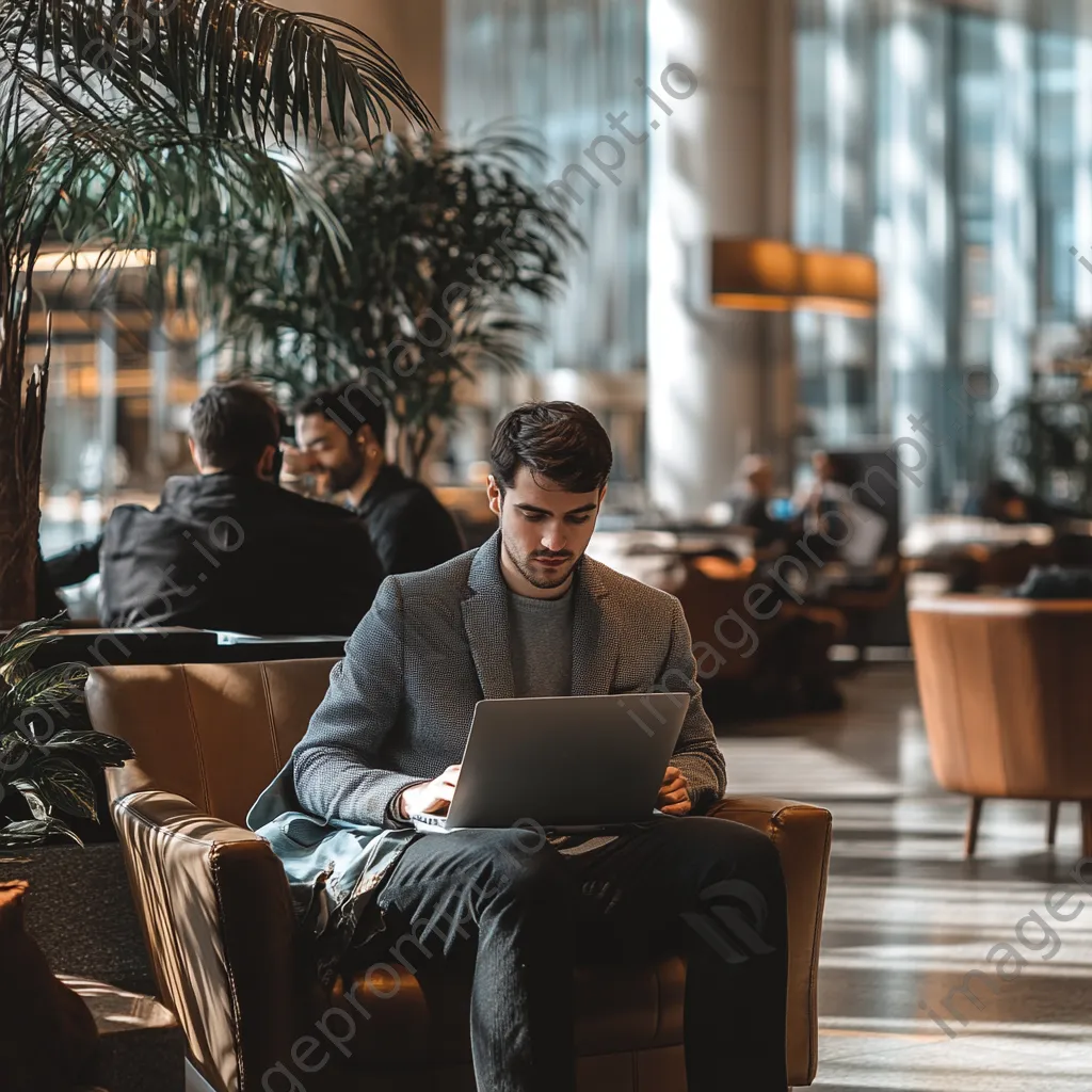 Professional working on laptop in airport lounge. - Image 2