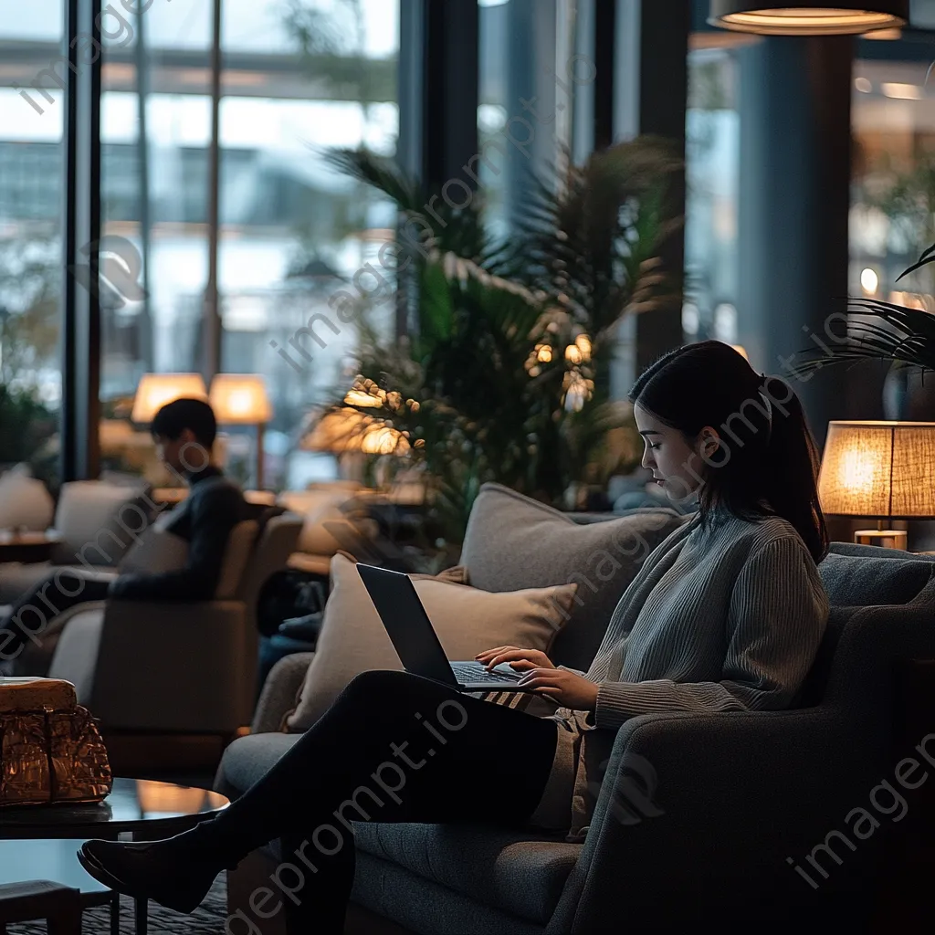 Professional working on laptop in airport lounge. - Image 3