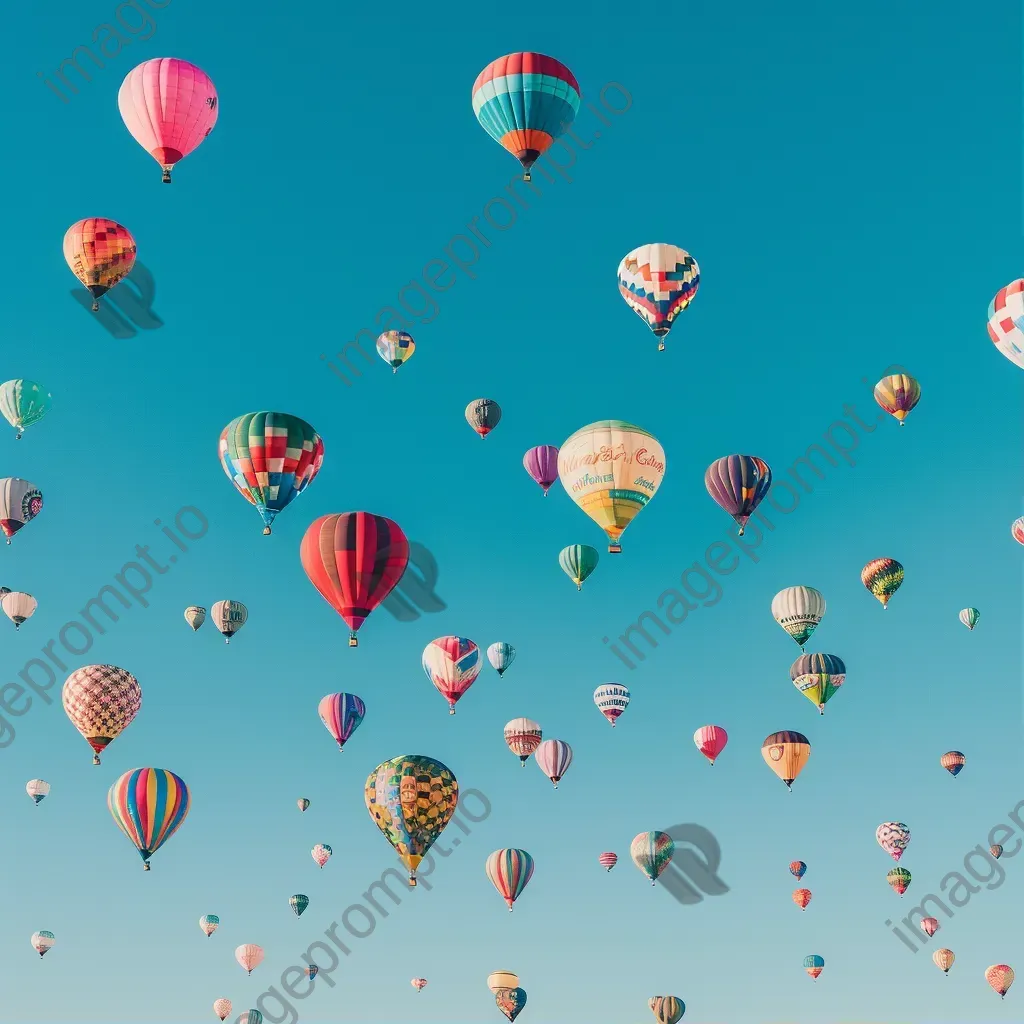 Symmetrical display of colorful hot air balloons in a blue sky - Image 1