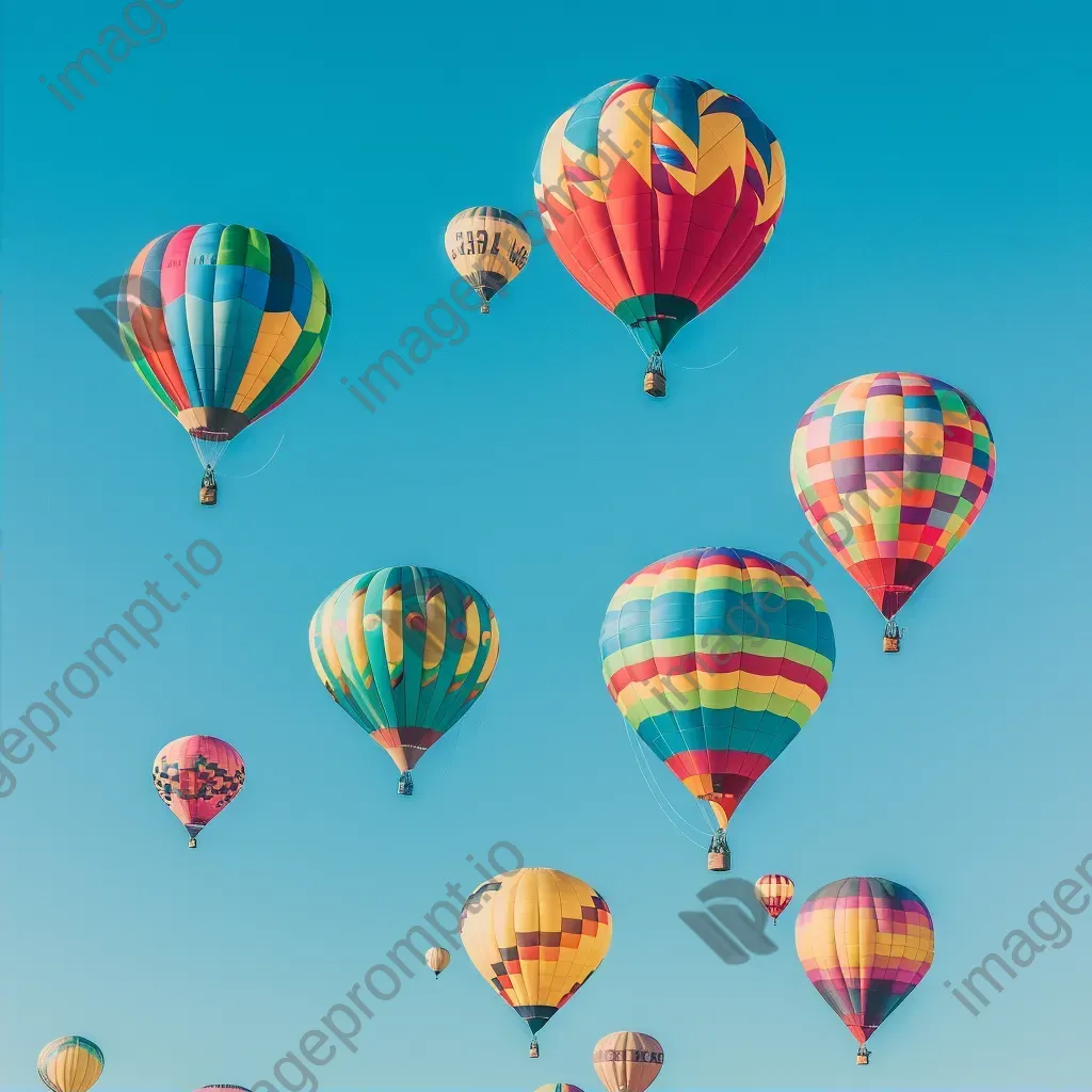 Symmetrical display of colorful hot air balloons in a blue sky - Image 2