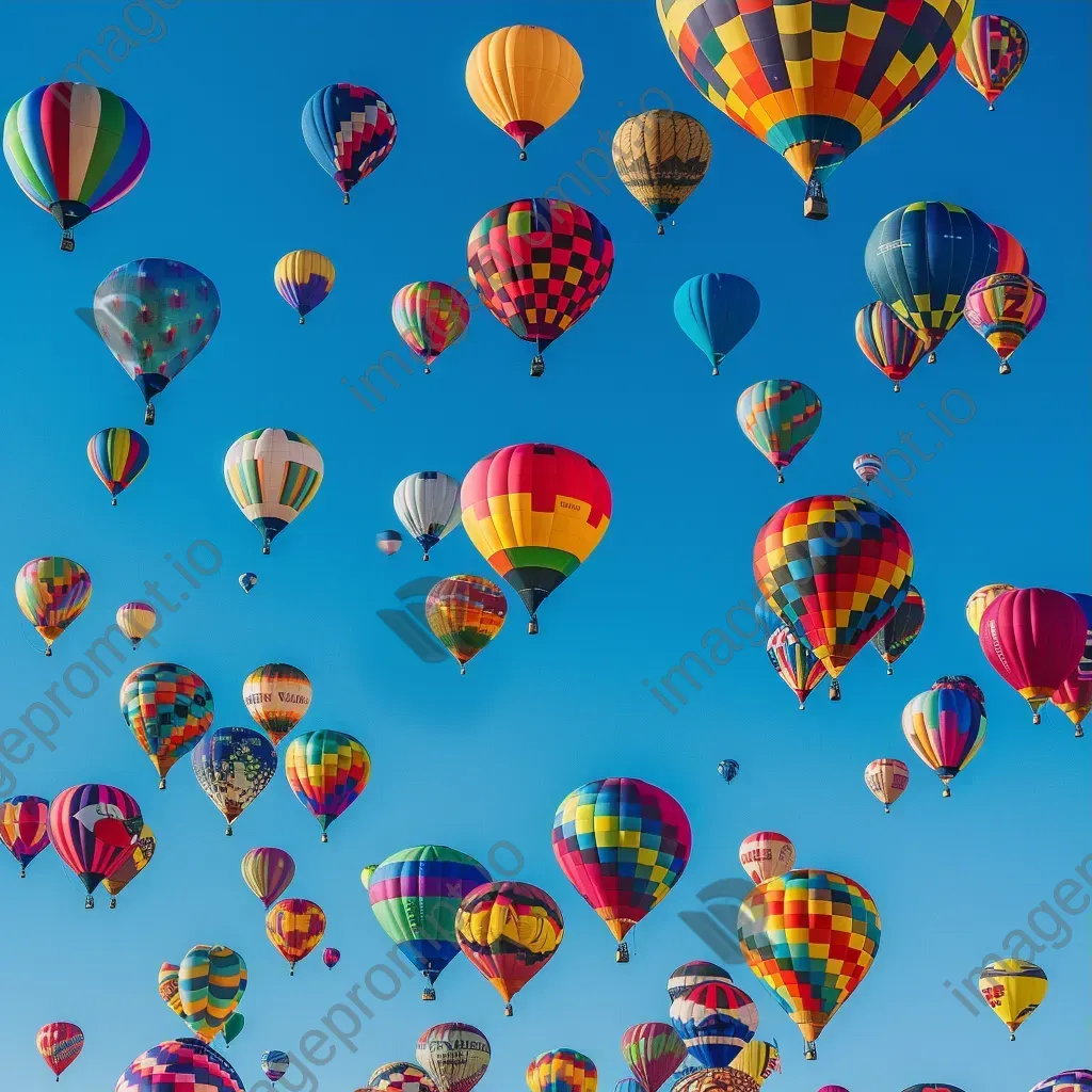 Symmetrical display of colorful hot air balloons in a blue sky - Image 3