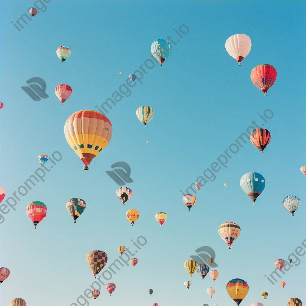 Symmetrical display of colorful hot air balloons in a blue sky - Image 4