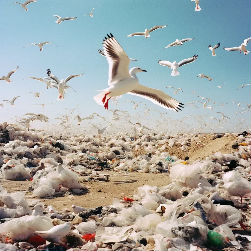 Image of a landfill overflowing with plastic waste with circling seagulls - Image 1