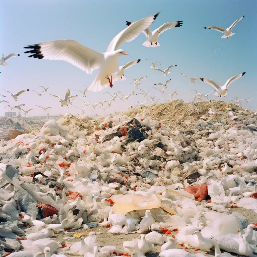 Image of a landfill overflowing with plastic waste with circling seagulls - Image 2