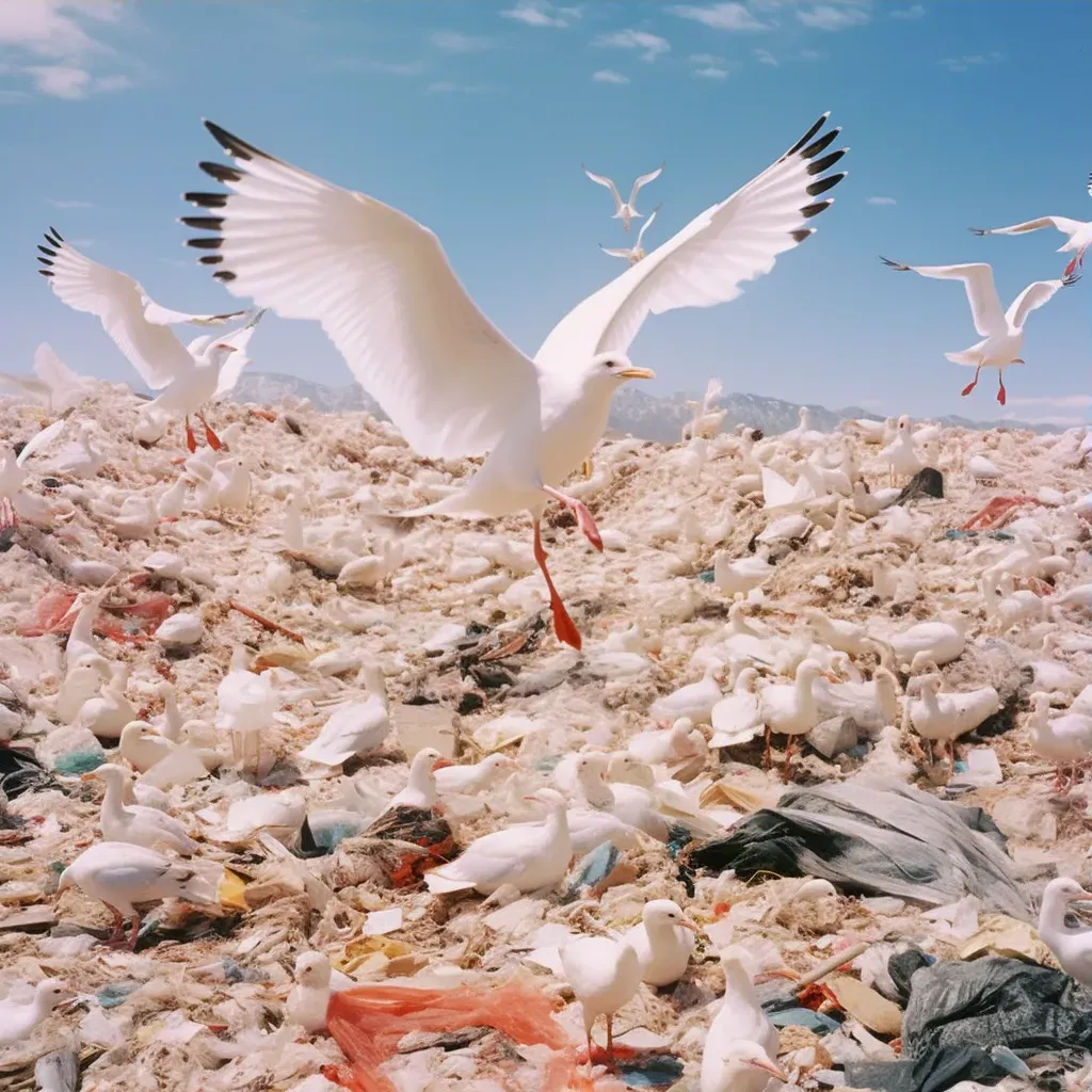 Image of a landfill overflowing with plastic waste with circling seagulls - Image 3