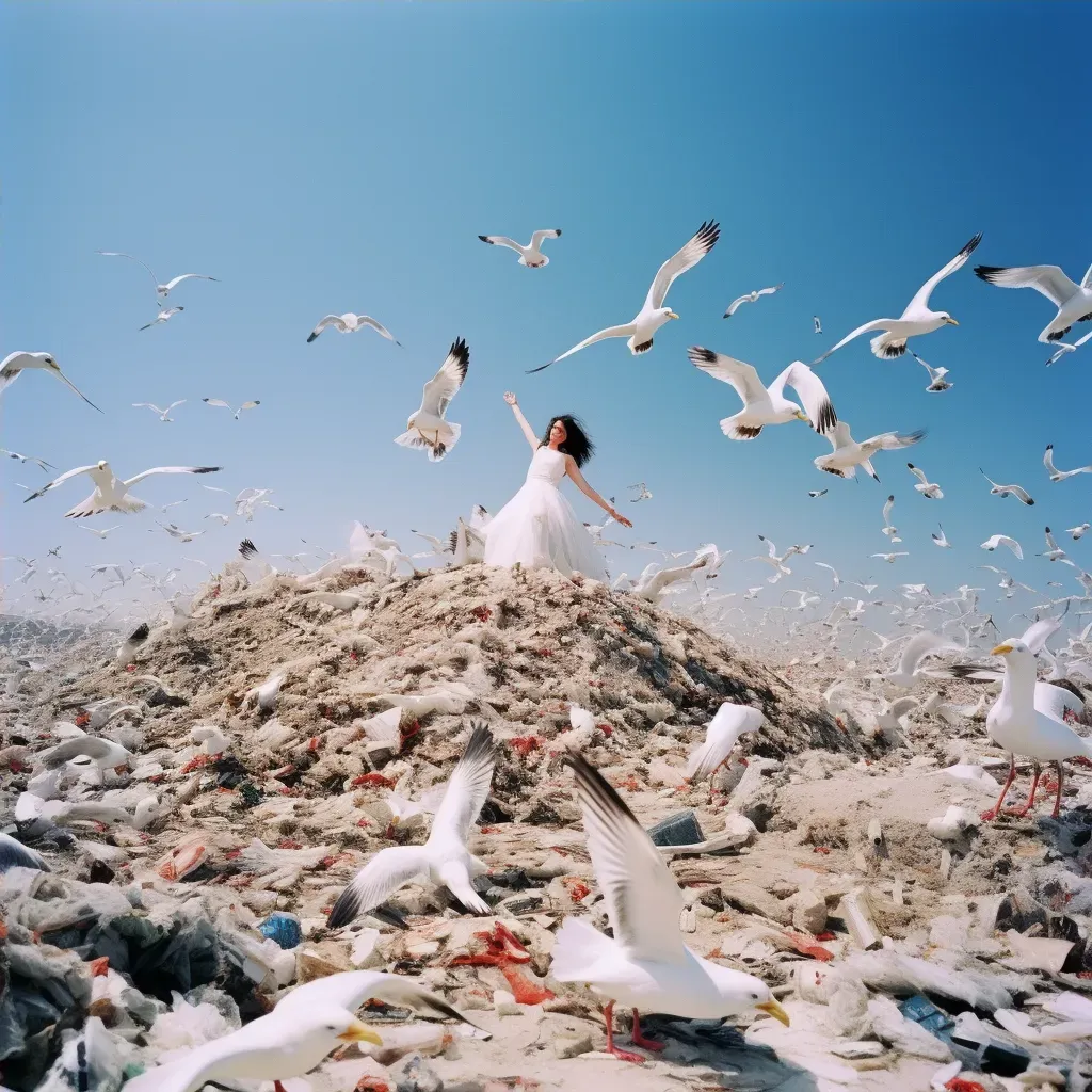 Image of a landfill overflowing with plastic waste with circling seagulls - Image 4