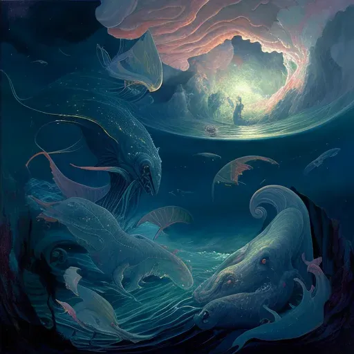 Image showing primordial life forms in prehistoric ocean under stormy sky - Image 2