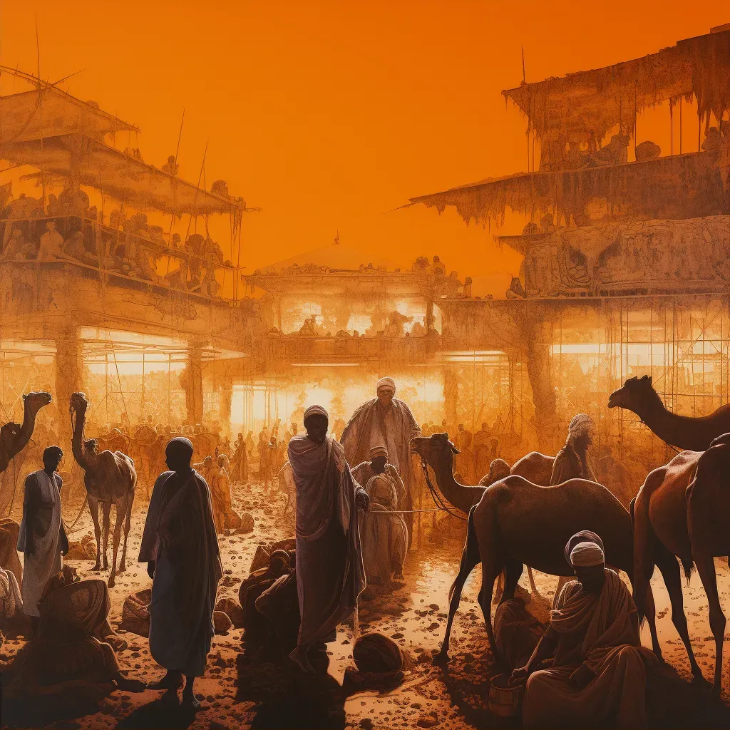 Vibrant marketplace of Timbuktu with merchants, scholars, and camels - Image 2