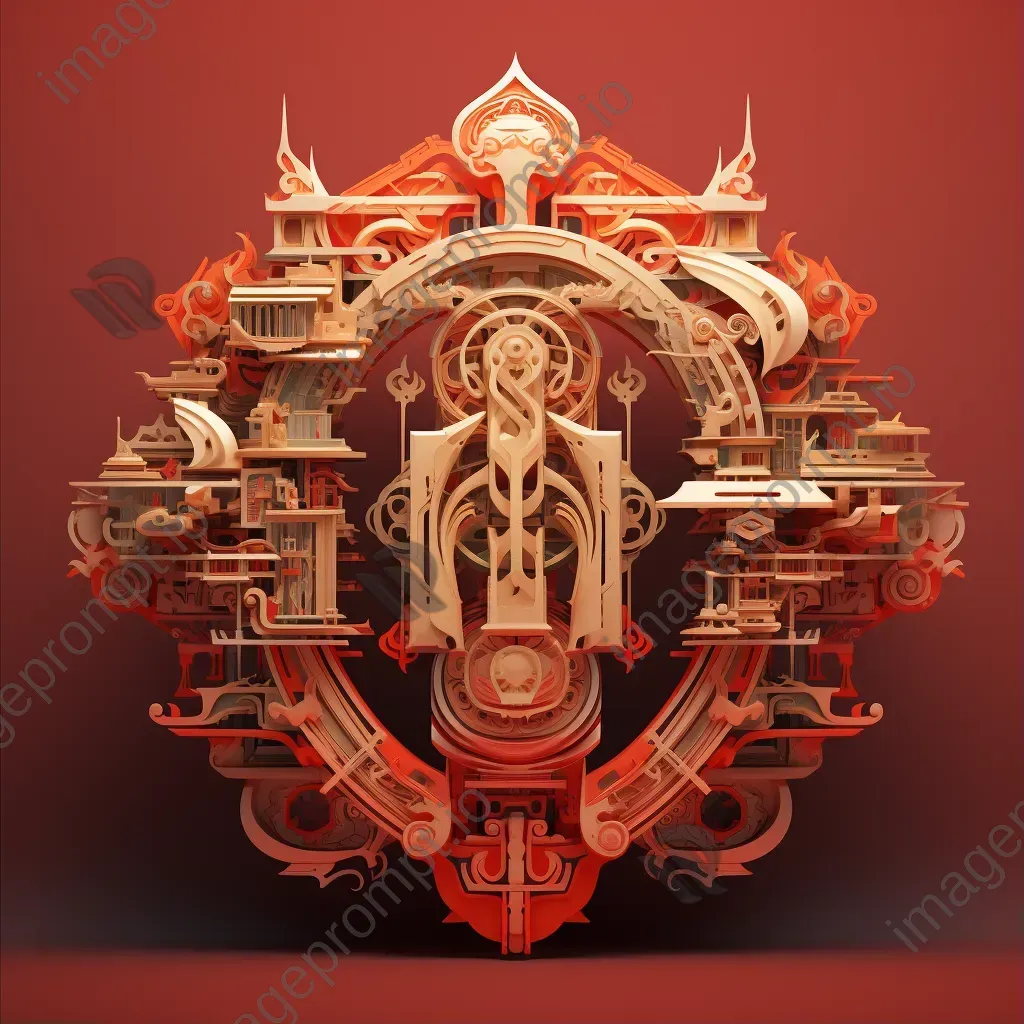 Rich red and gold typography showcasing traditional Asian symbols in low poly style - Image 1