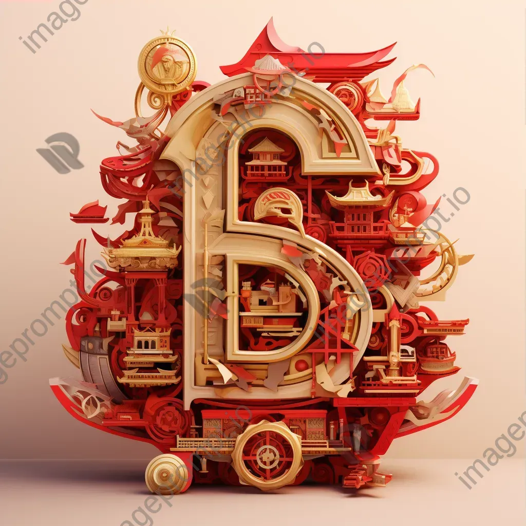 Rich red and gold typography showcasing traditional Asian symbols in low poly style - Image 3