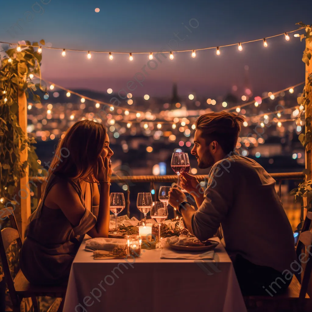 Couple enjoying a romantic dinner on a rooftop with city views - Image 1