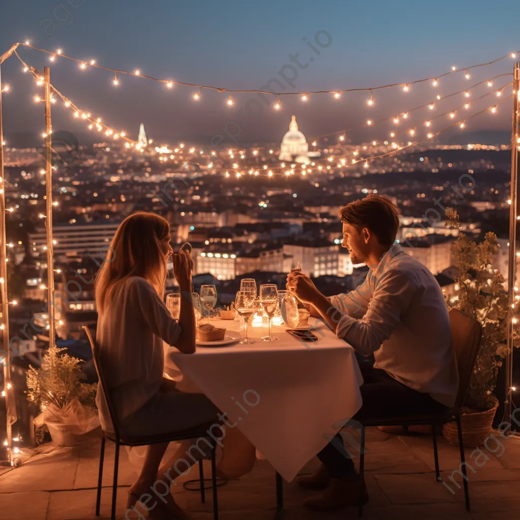 Couple enjoying a romantic dinner on a rooftop with city views - Image 2