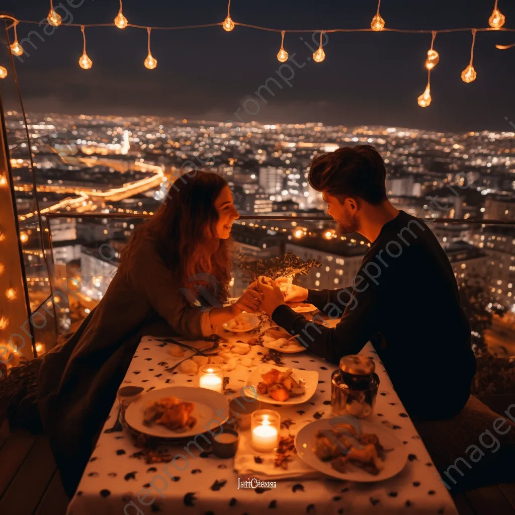 Couple enjoying a romantic dinner on a rooftop with city views - Image 3