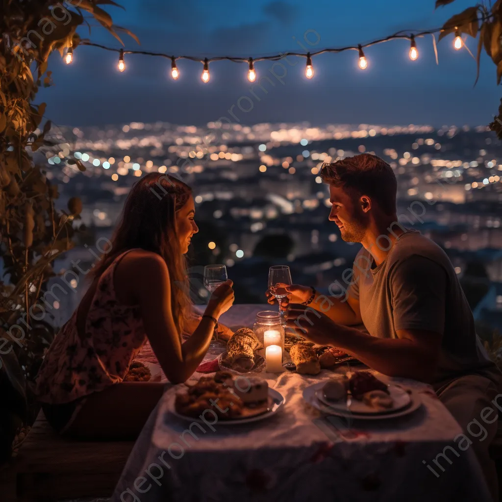 Couple enjoying a romantic dinner on a rooftop with city views - Image 4