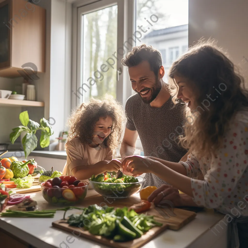 Family preparing a salad in the kitchen. - Image 1