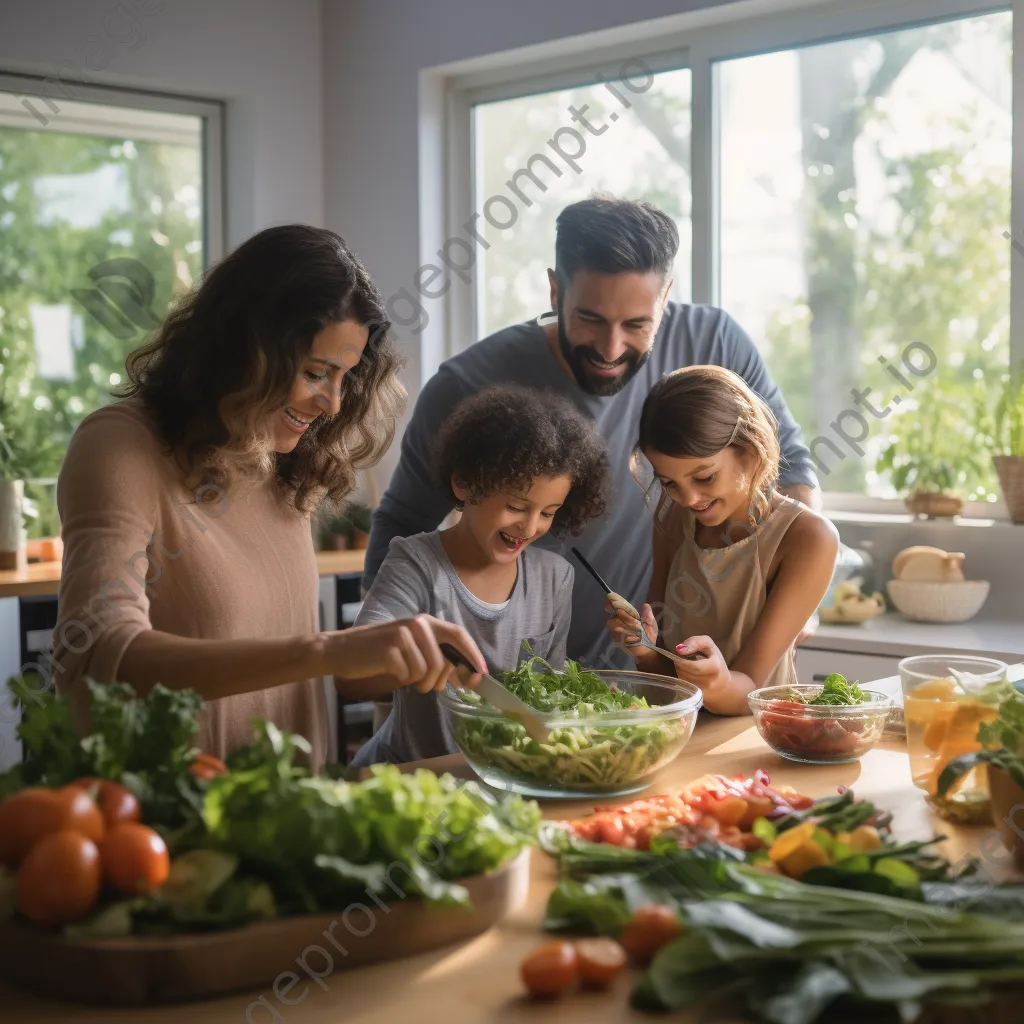 Family preparing a salad in the kitchen. - Image 2