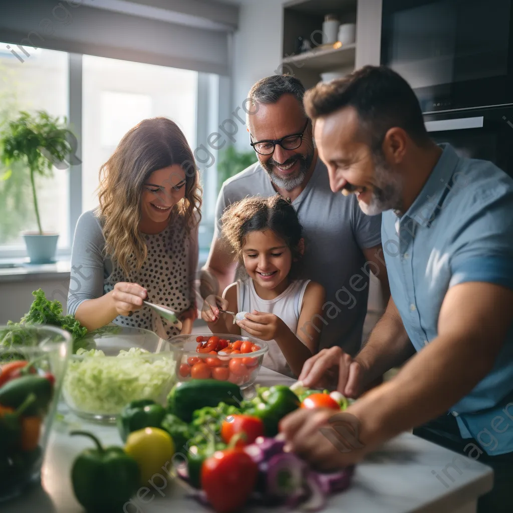 Family preparing a salad in the kitchen. - Image 3