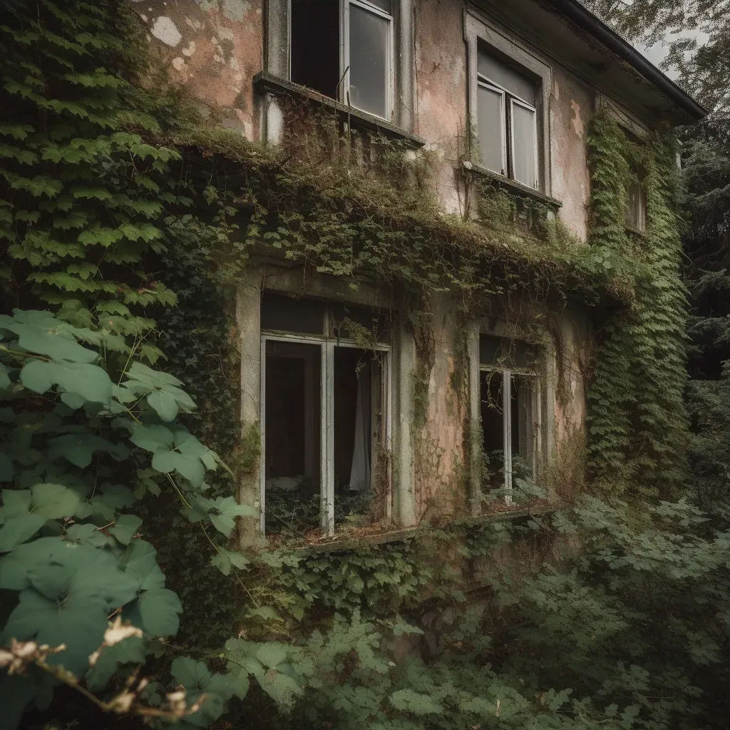 Abandoned architectural exteriors overtaken by nature