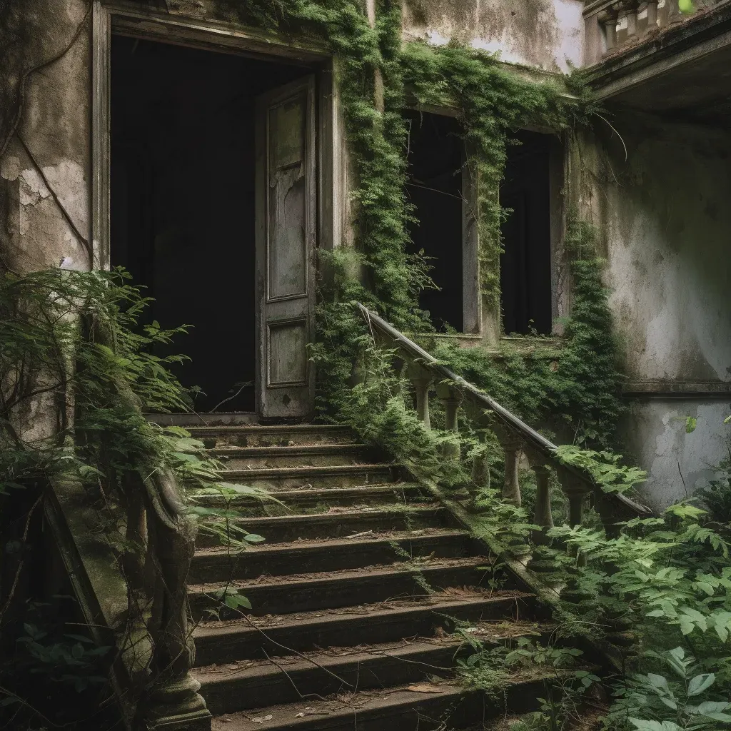 Abandoned architectural exteriors overtaken by nature